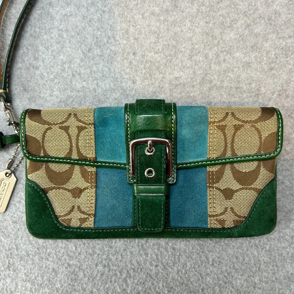 Coach Y2K Signature Patchwork Wristlet Green Teal Suede Canvas Buckle Wallet Bag